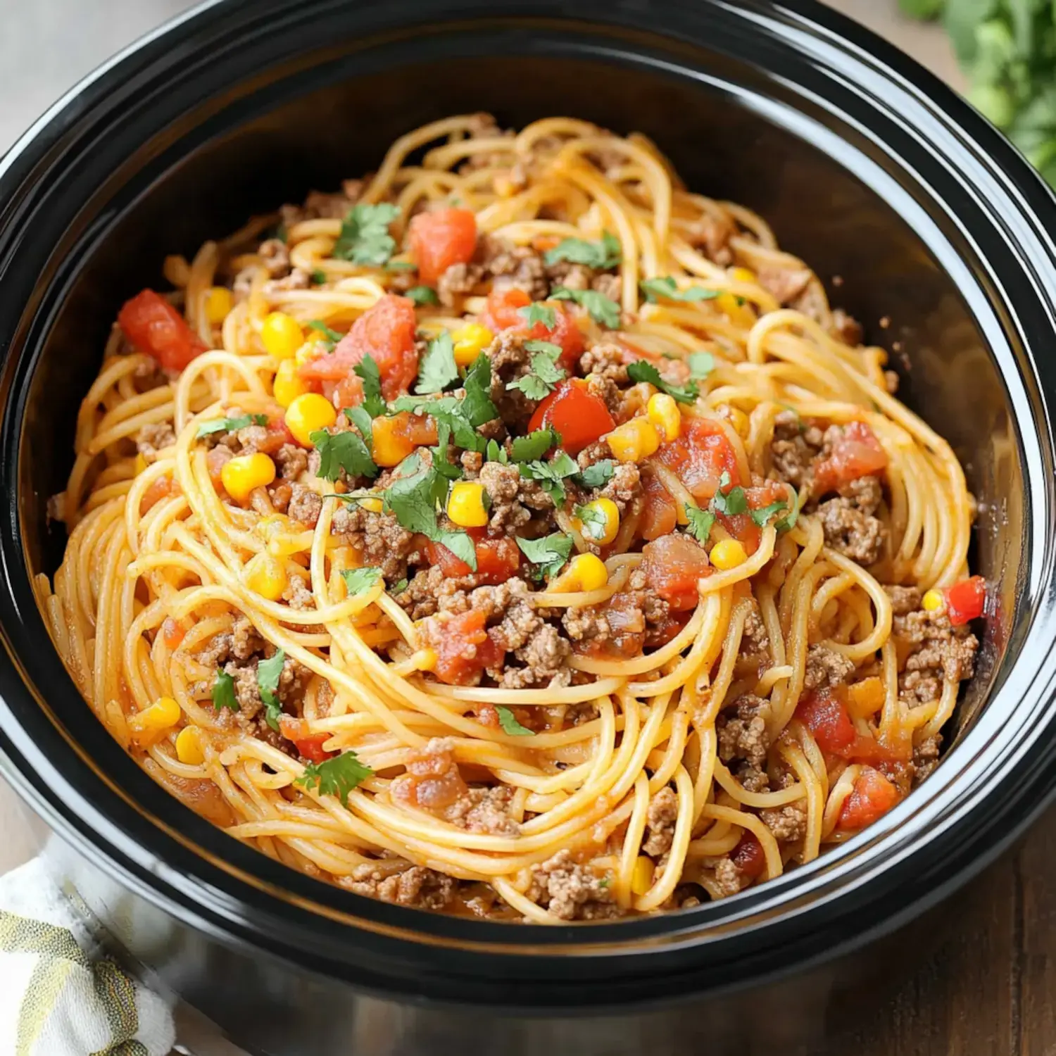 A bowl of spaghetti topped with seasoned ground meat, corn, diced tomatoes, and fresh cilantro.