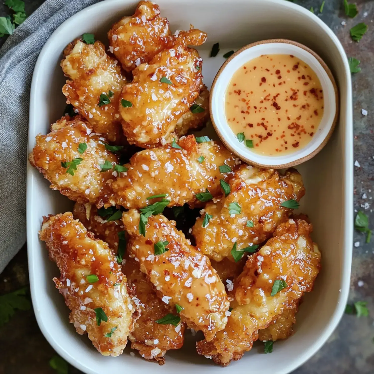 A dish of crunchy, sauce-covered chicken wings topped with parsley bits, sitting next to a small container of dipping sauce.