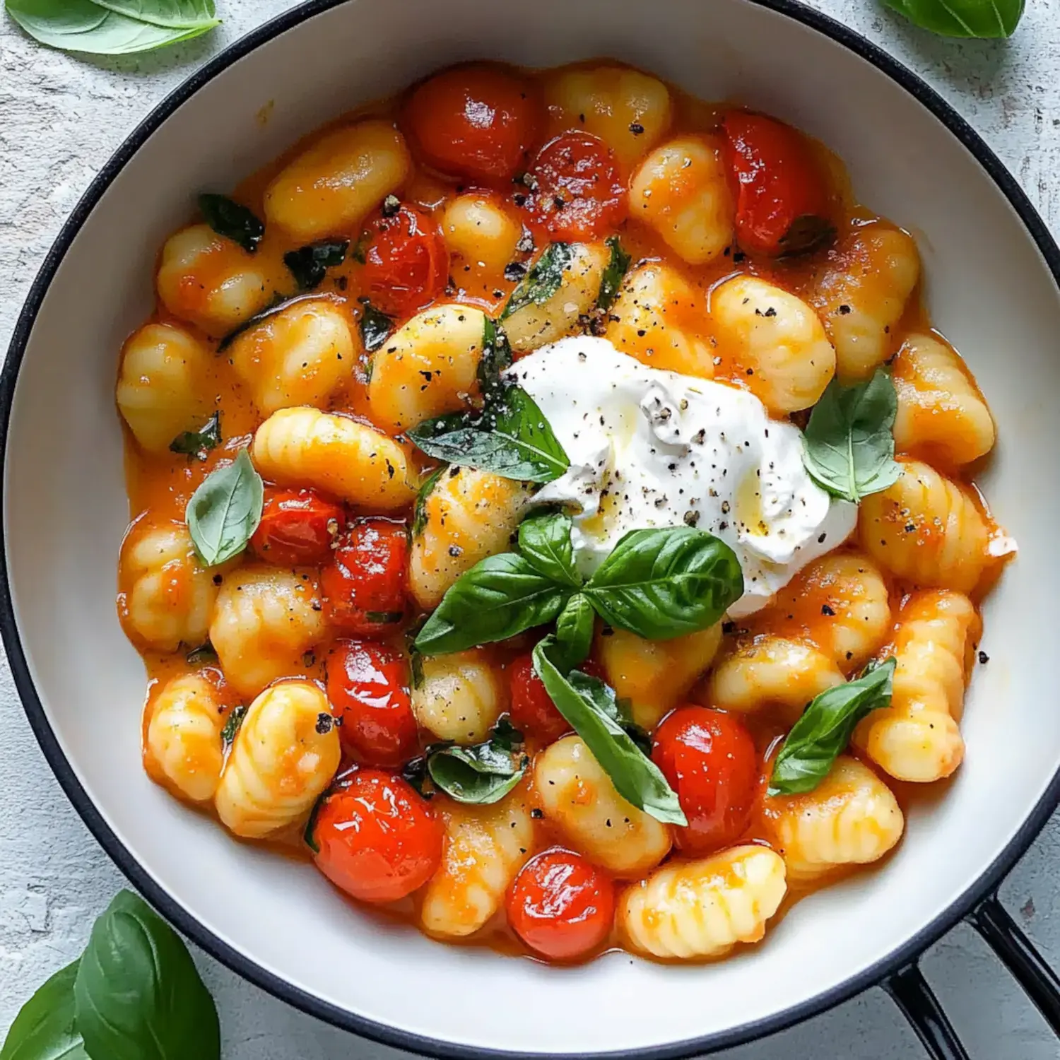 A bowl of gnocchi topped with cherry tomatoes, fresh basil, and a dollop of cream, garnished with black pepper.