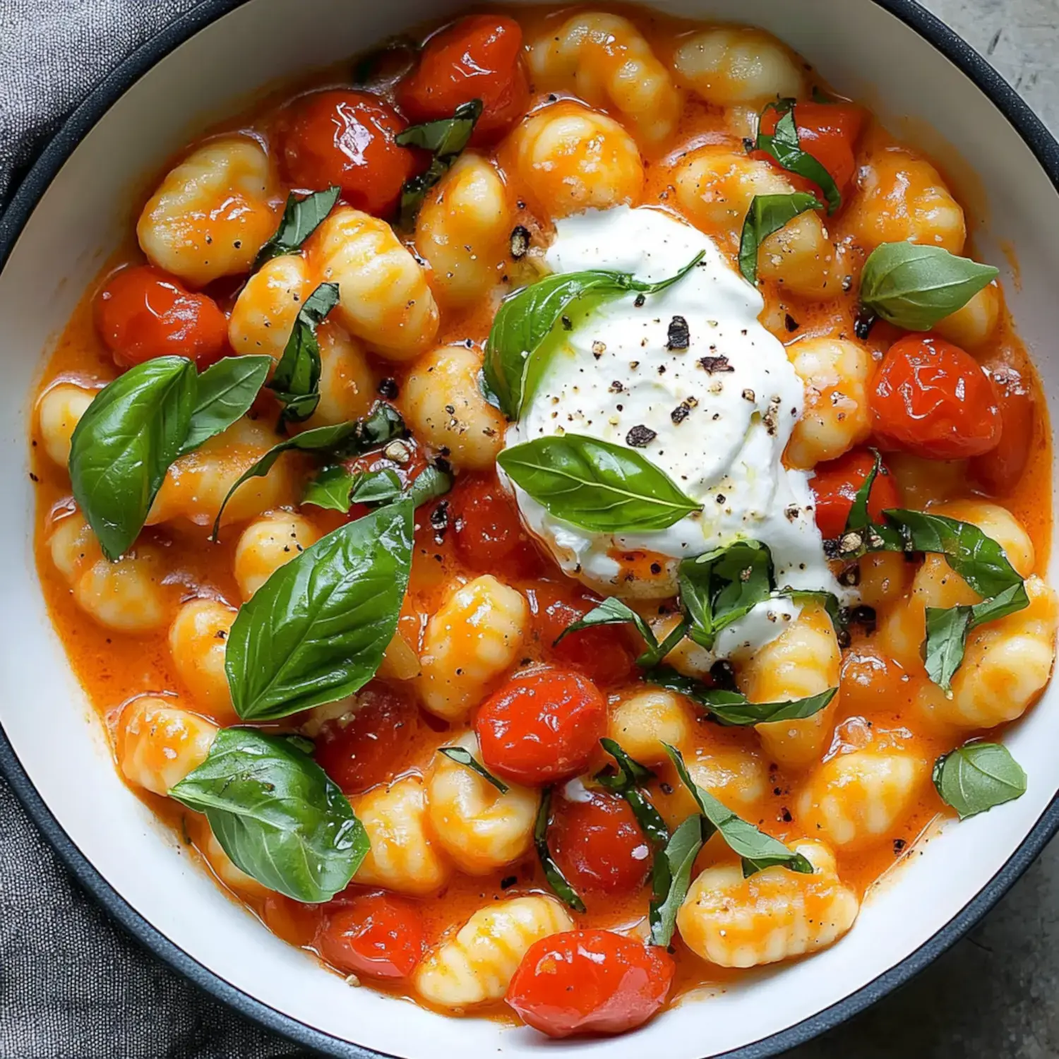 A bowl of gnocchi topped with cherry tomatoes, fresh basil, and a dollop of creamy ricotta cheese in a vibrant orange sauce.