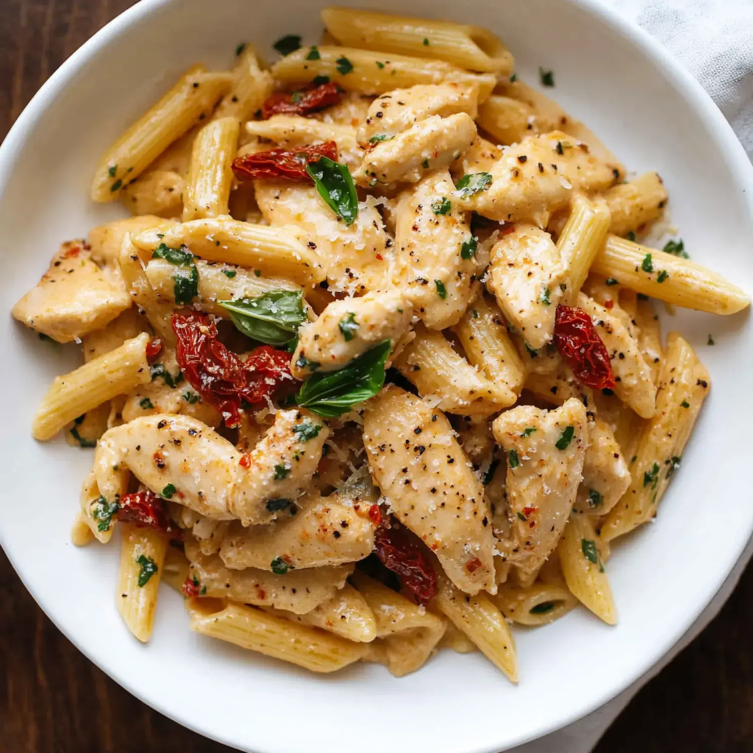 A bowl of creamy pasta with chicken, sun-dried tomatoes, and fresh basil.