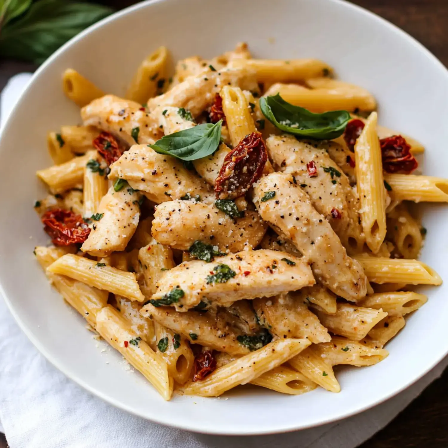 A bowl of creamy penne pasta topped with grilled chicken, sun-dried tomatoes, and fresh basil.