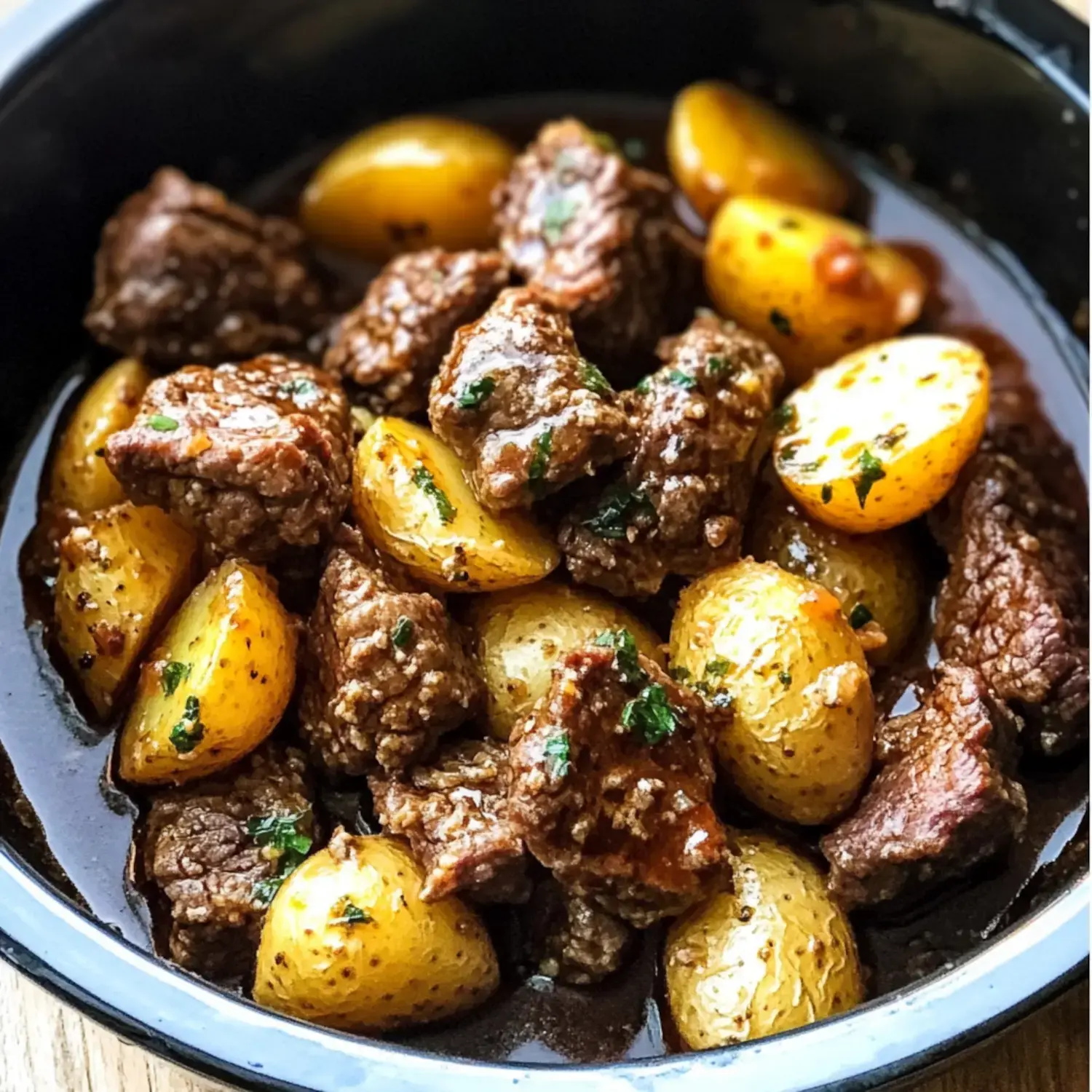 A close-up of tender beef chunks and golden baby potatoes simmered in a flavorful sauce, garnished with herbs.