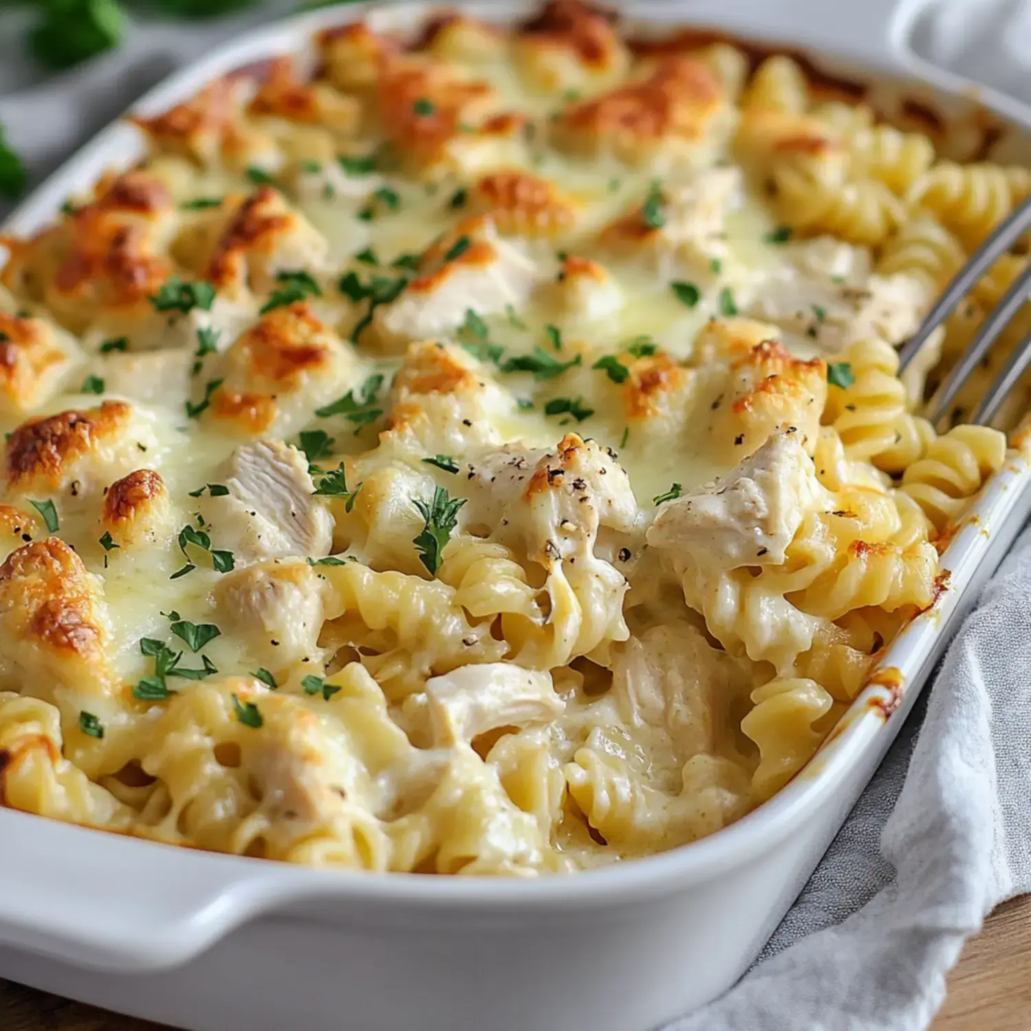 A baked pasta dish with rotini, chicken, and melted cheese, topped with parsley.