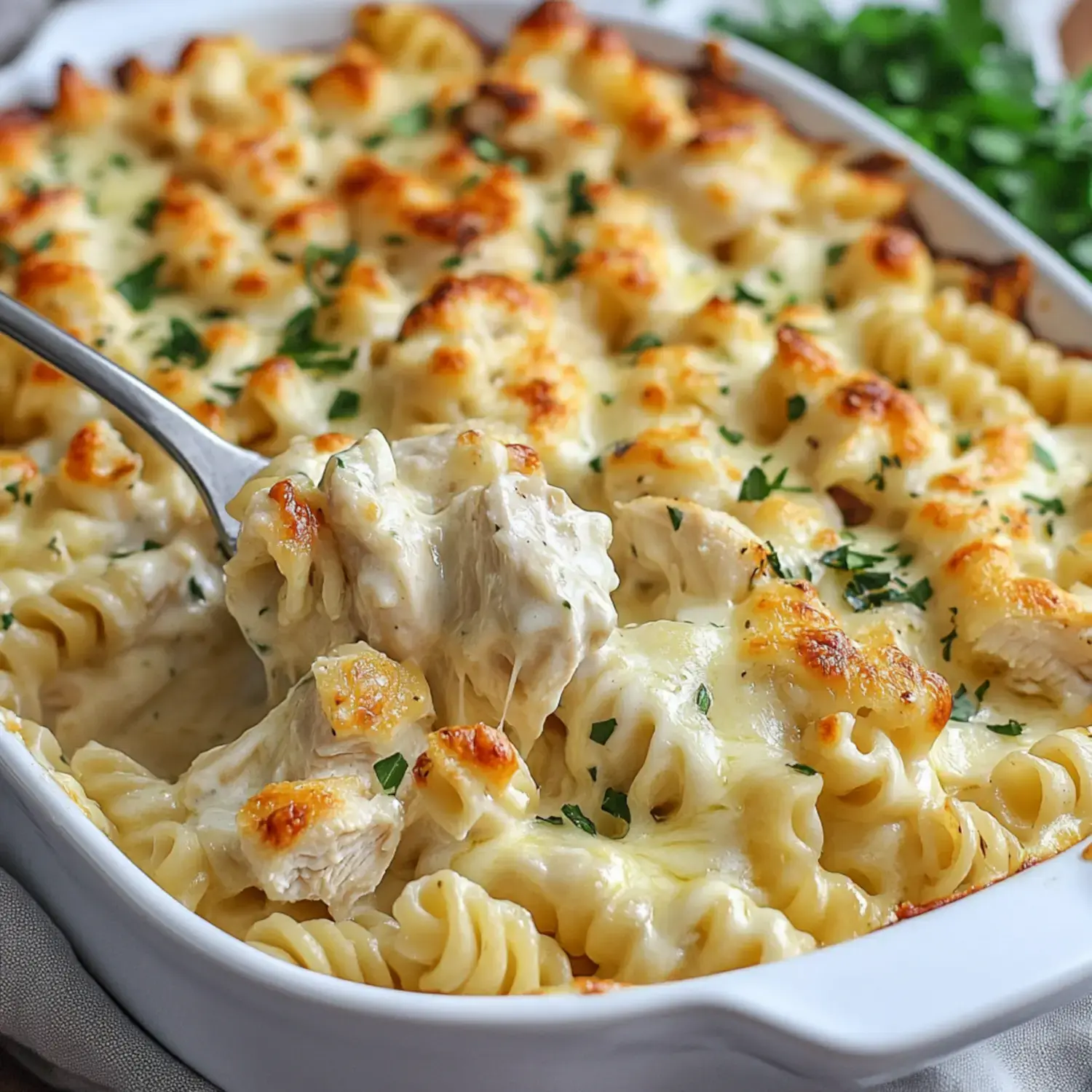 A creamy pasta dish with chicken, topped with golden-brown cheese and garnished with parsley, served in a white baking dish.