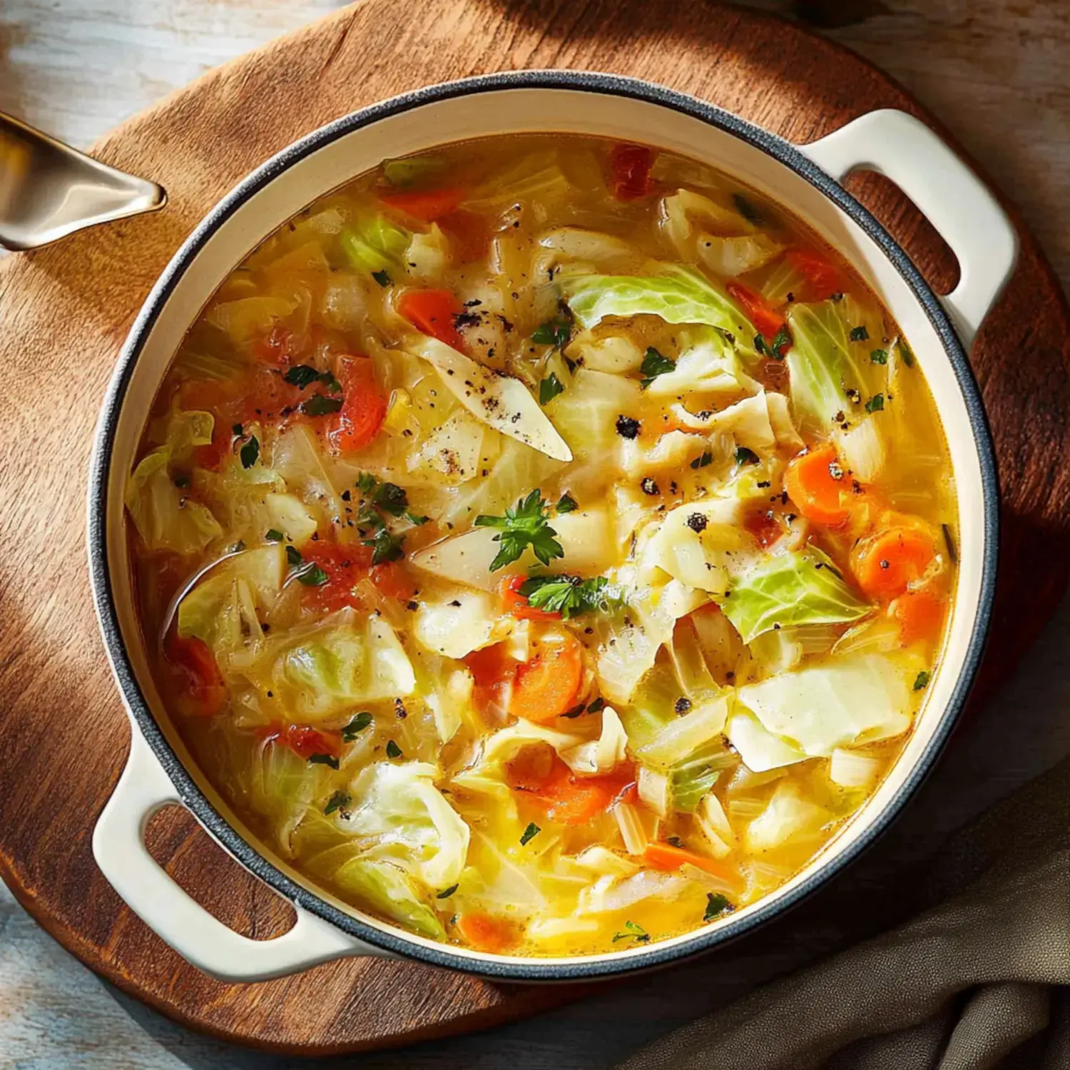 A pot of vibrant vegetable soup featuring cabbage, carrots, and parsley, served on a wooden surface.