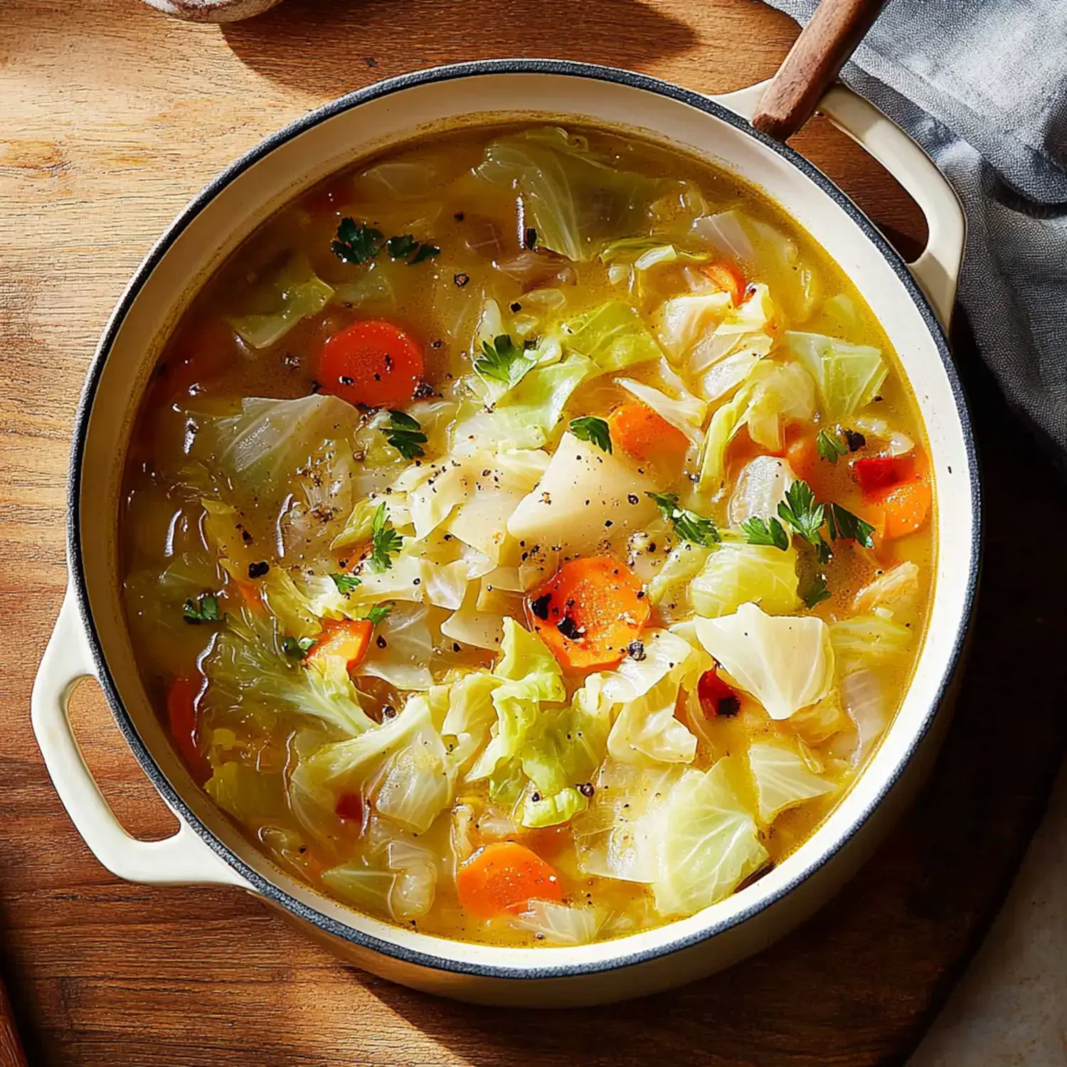 A close-up of a pot filled with vibrant vegetable soup, featuring cabbage, carrots, and fresh herbs in a rich broth.
