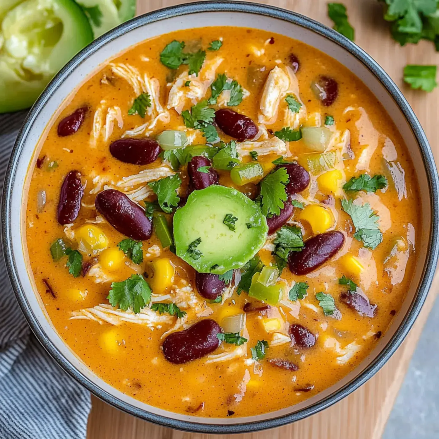 A steaming bowl of thick soup showing shredded chicken pieces, red beans, yellow corn kernels, with bright green cilantro and a hot pepper slice on top.