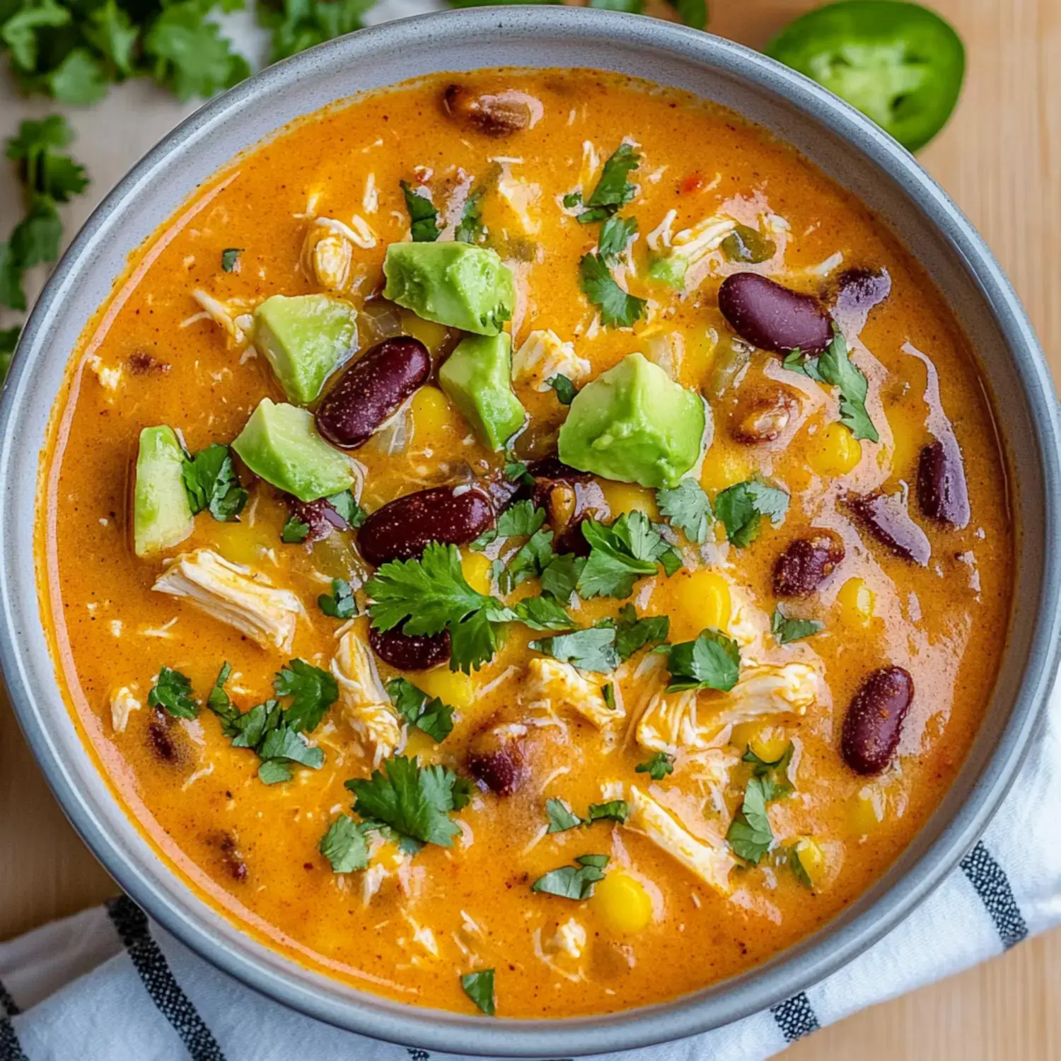 A creamy enchilada dish topped with avocado, corn, beans, and cilantro.
