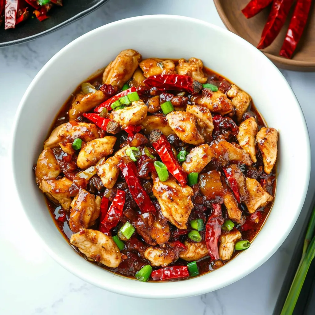 Succulent chicken pieces swimming in a bold, spicy sauce with visible peppercorns and chilies.