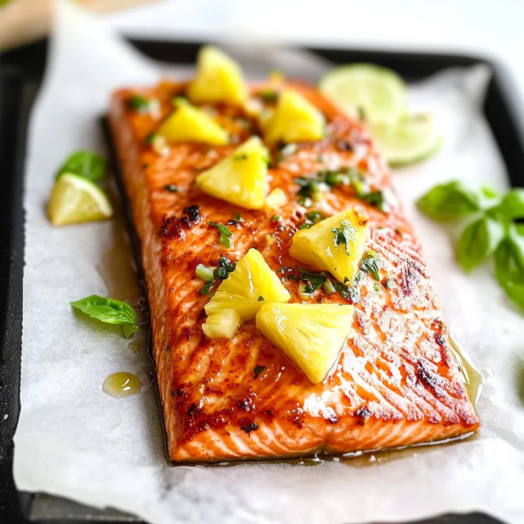 Sweet honey salmon topped with bright pineapple creating a tropical taste sensation.