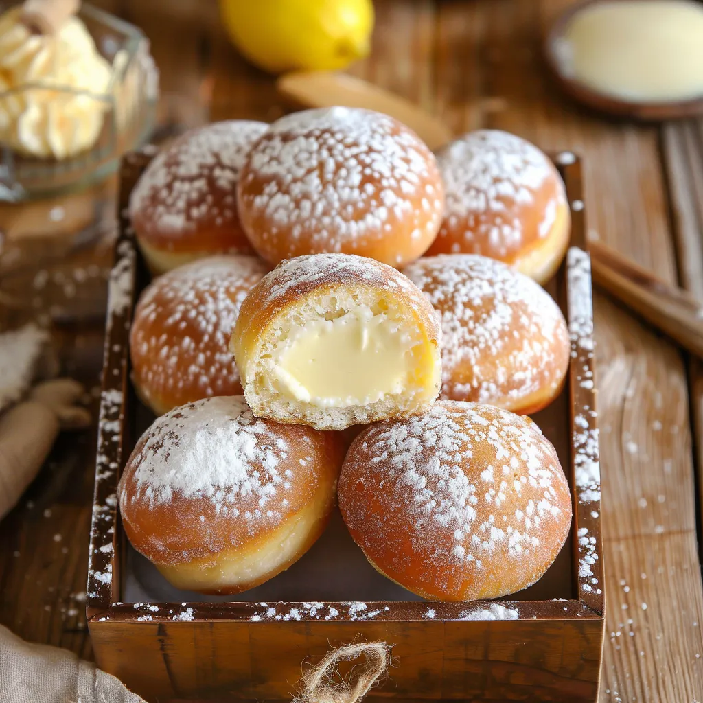 Golden-brown bomboloni doughnuts with rich, creamy filling oozing from the center.