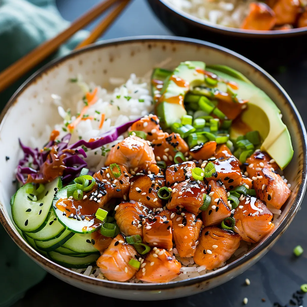 Mouth-watering rice bowl featuring tender salmon chunks atop soft, steamy rice.