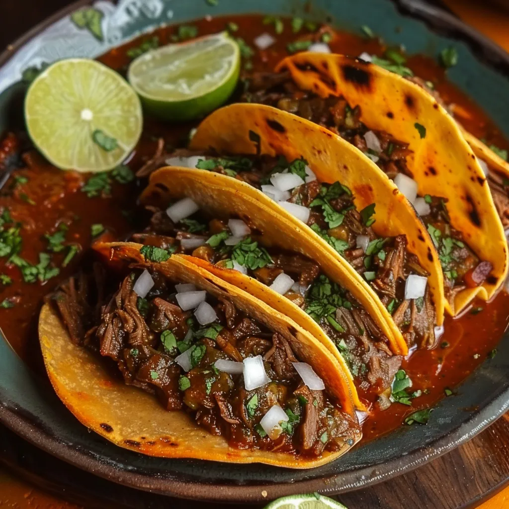 Traditional birria tacos stuffed with juicy, slow-cooked beef and stretchy melted cheese.