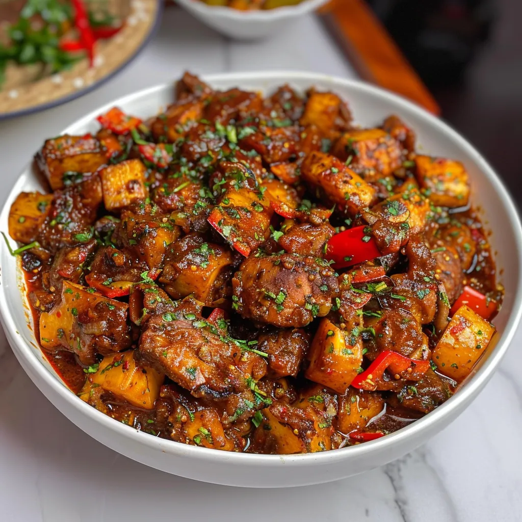 Tasty Gizdodo with crunchy plantains and tender gizzards mixed with hot peppers.