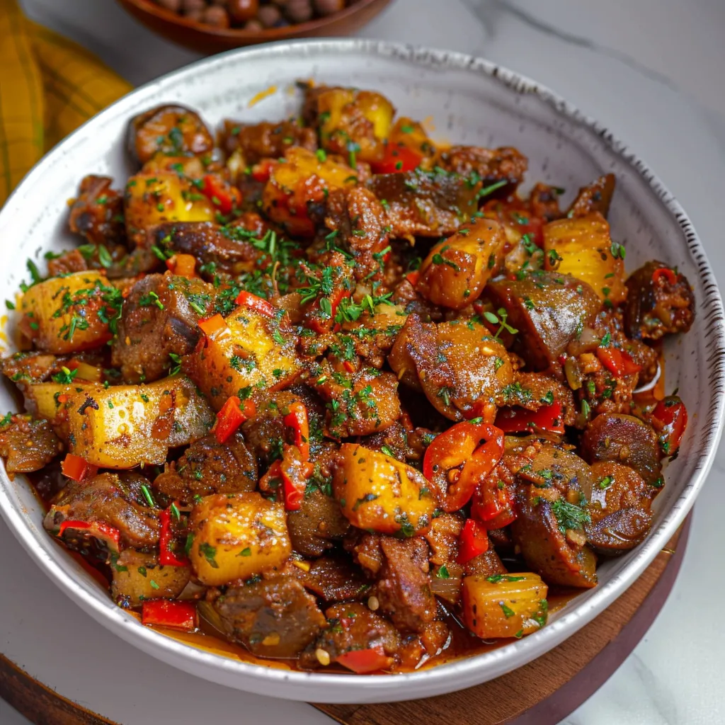 Delicious Nigerian Gizdodo with golden plantains and spicy gizzards in a rich sauce.