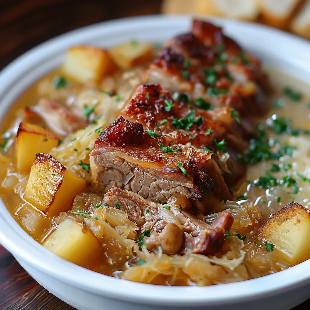 Traditional kwaśnica soup showing tangy sauerkraut, soft pork, and aromatic spices.