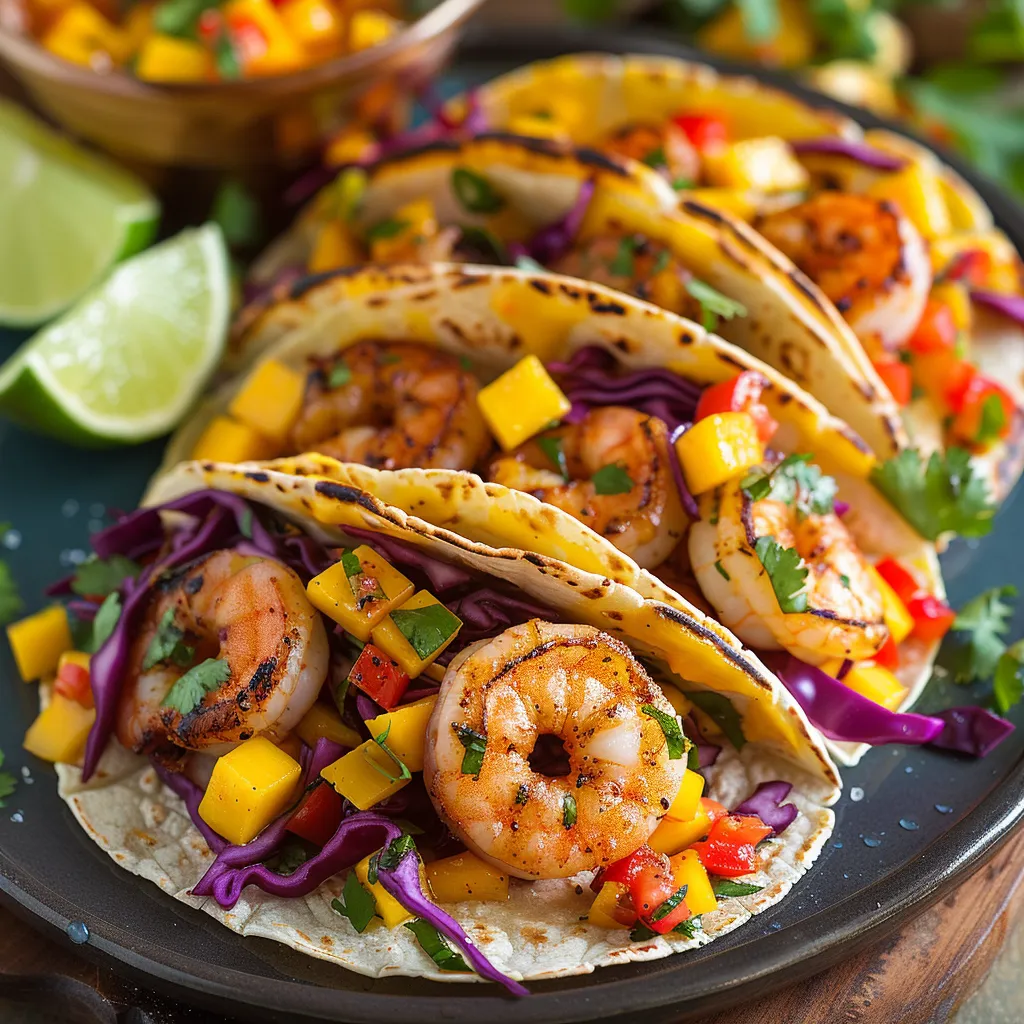 Juicy shrimp tacos loaded with bright, tangy mango chunks.