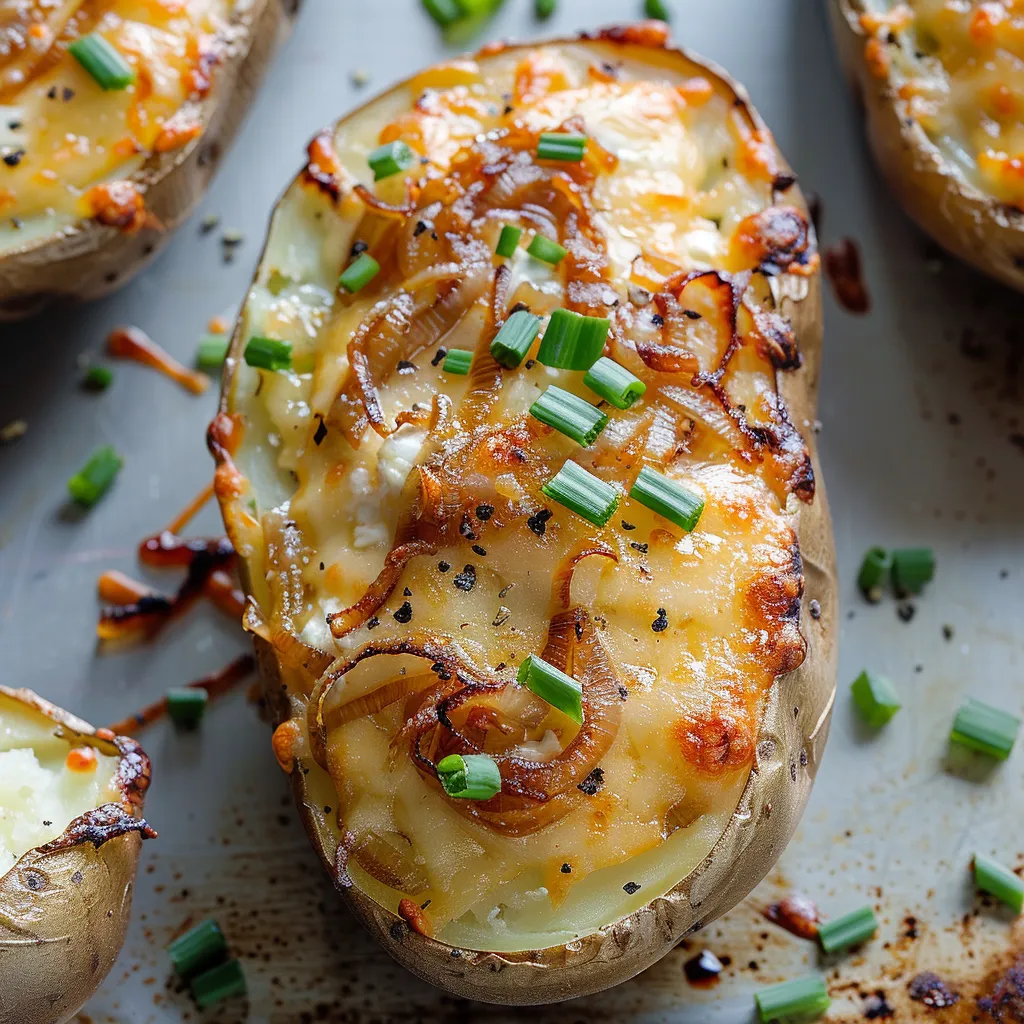 Savory stuffed potatoes packed with caramelized onions and bubbly cheese topping.