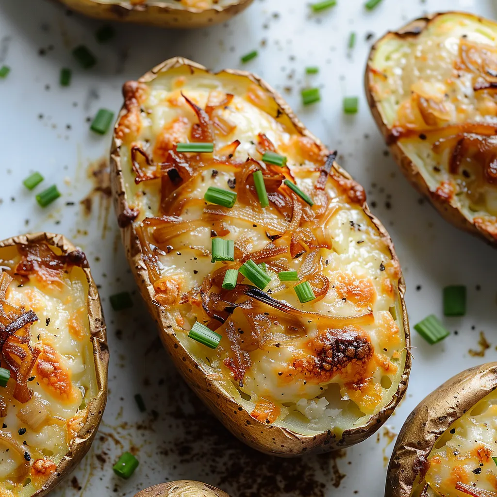 Twice-baked potatoes with crispy skins and sweet onion-infused filling.