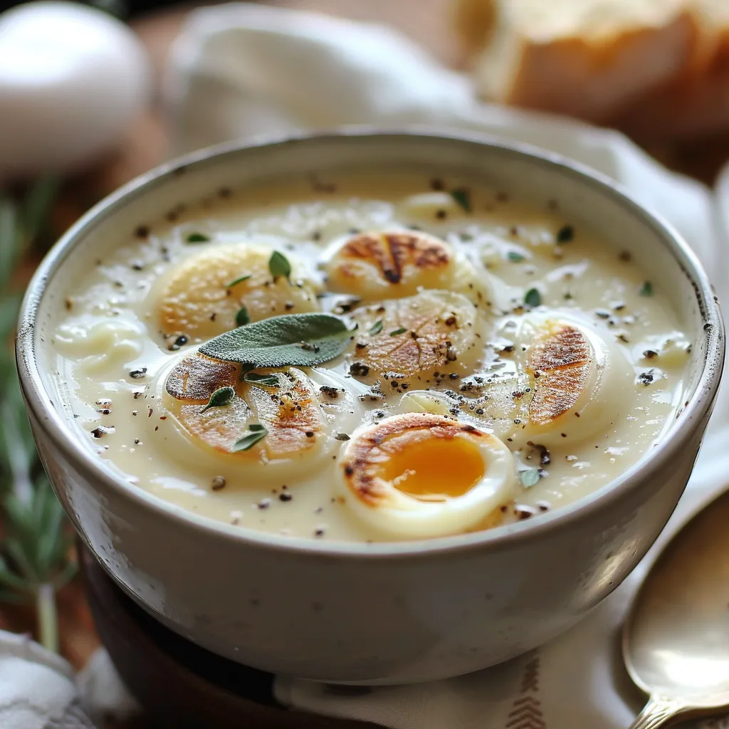 Creamy, aromatic French garlic soup in a bowl with its velvety broth.