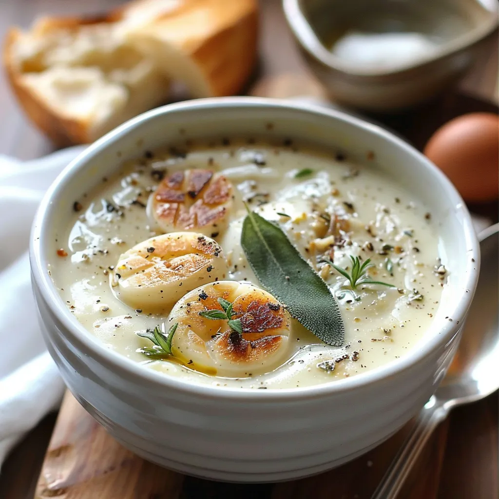 French garlic soup with roasted aromatics and herb infusion.