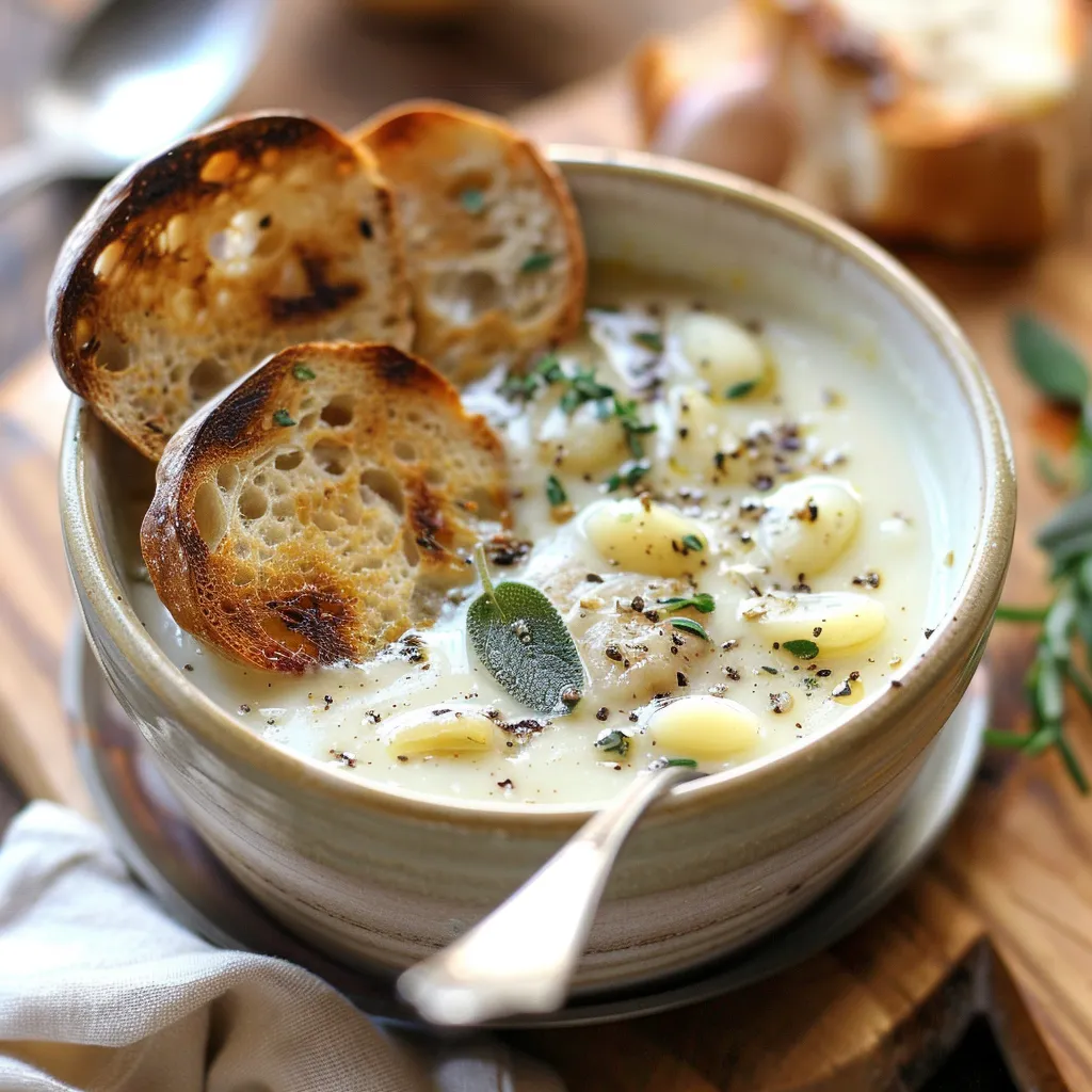 Rich French soup featuring deep garlic notes and buttery texture.