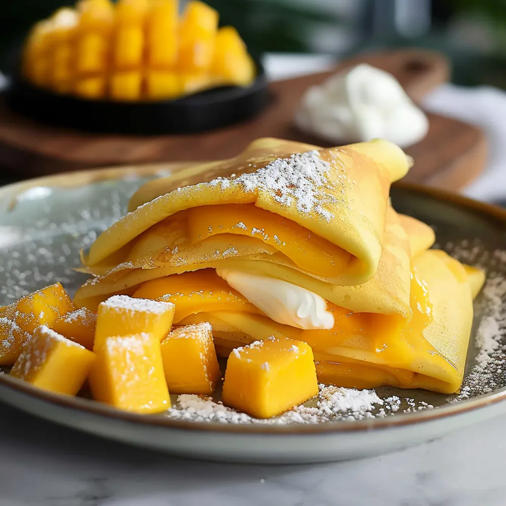 Fluffy golden crepes stuffed with mango and whipped cream served fresh.