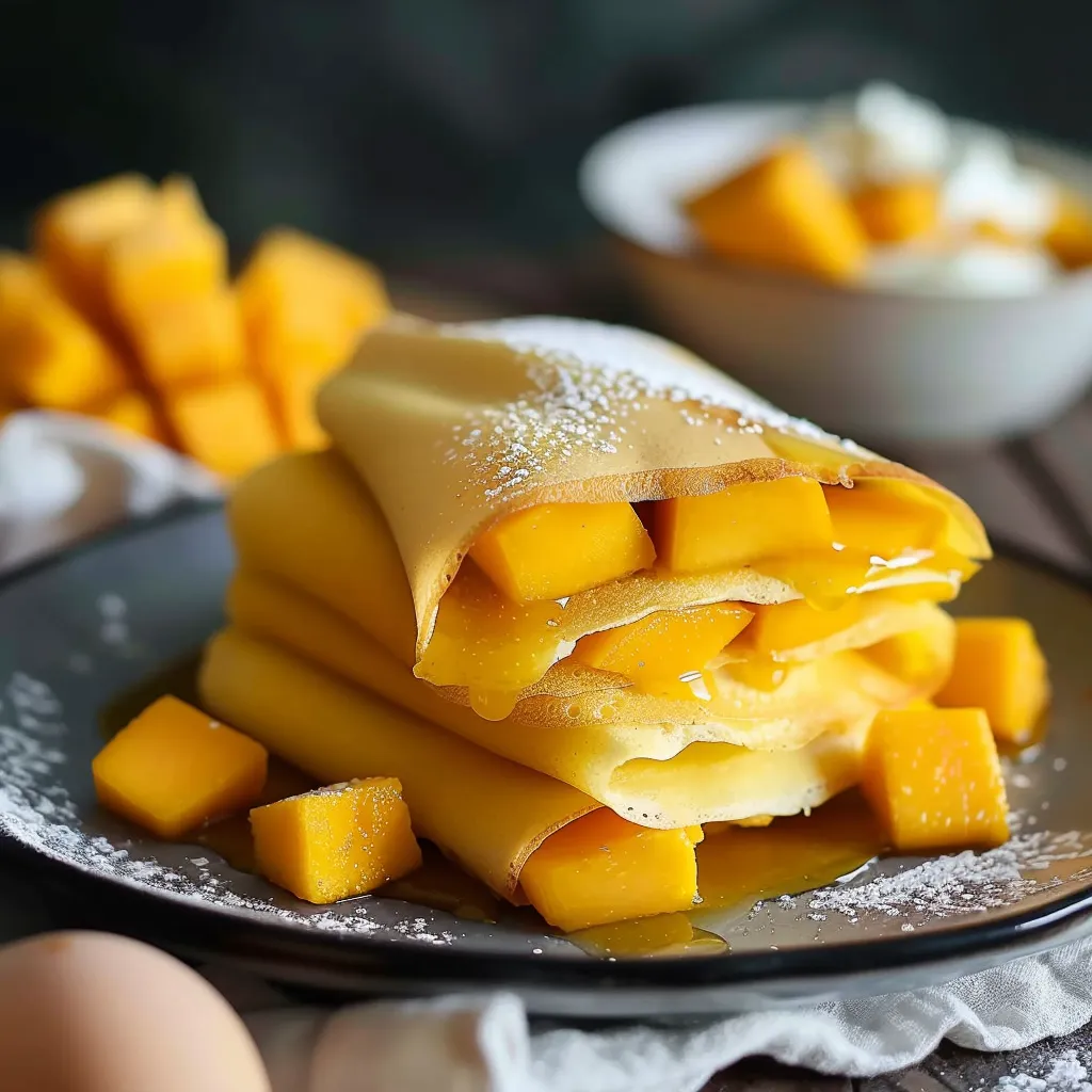 Golden mango pancakes stuffed with juicy mango and a creamy filling.