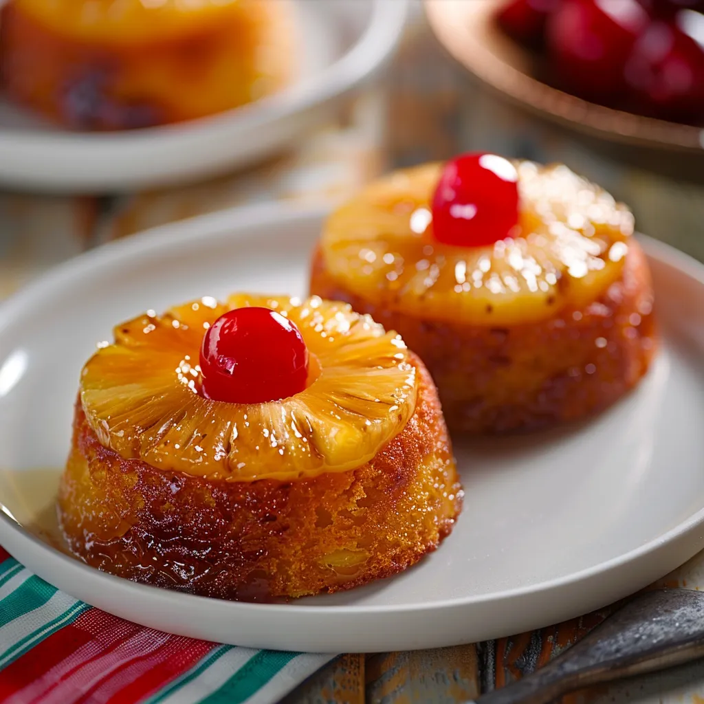 Freshly made, mini pineapple upside-down cakes with caramelized fruit toppings.