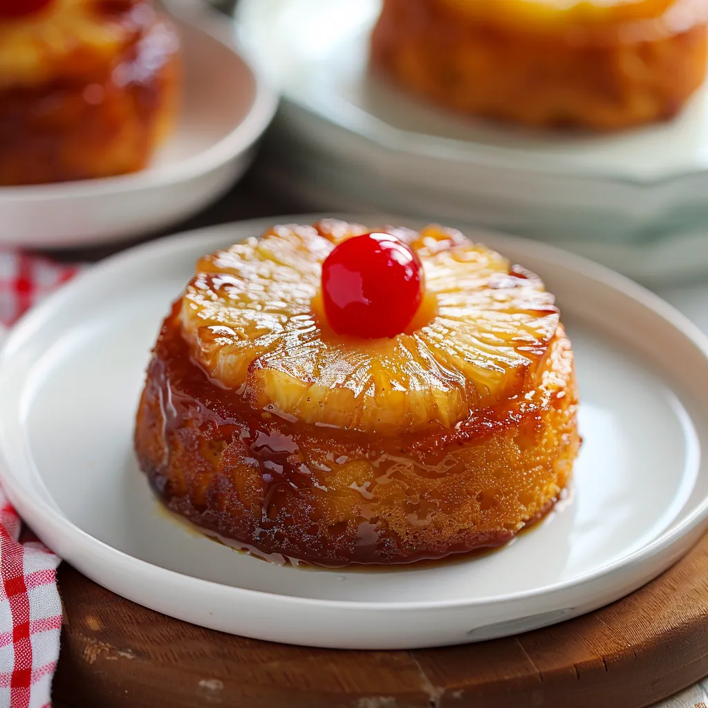 Individual pineapple upside-down cakes with a soft, moist texture and fruity topping.