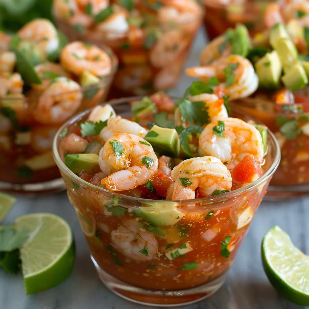 Chilled Mexican shrimp cocktail with avocado, lime, and bold seasonings.