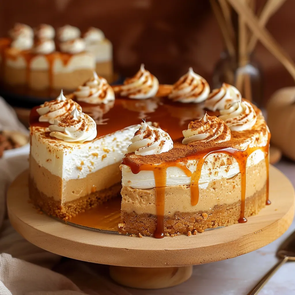 Decadent cheesecake with pumpkin and caramel layers swirled together and finished with a salted caramel glaze.