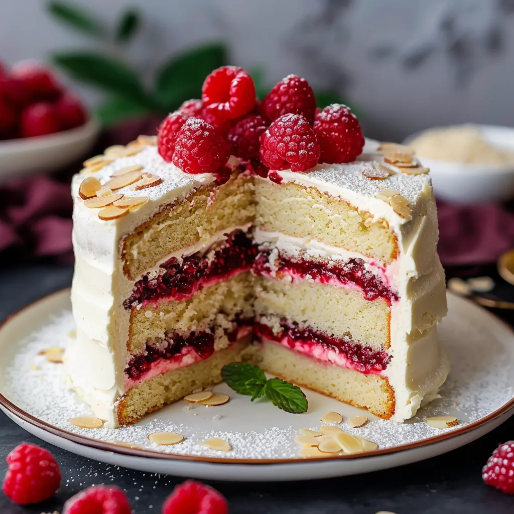 Rich almond cake paired with tart raspberry jam and smooth frosting.