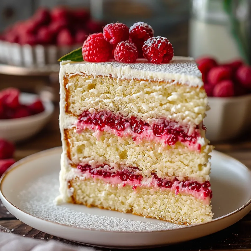 Elegant almond cake layered with fresh raspberries and a sweet glaze.