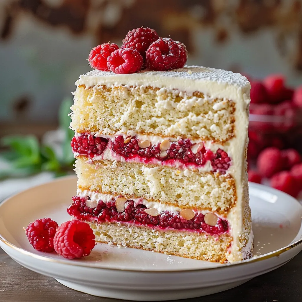 Soft almond raspberry cake with a delicate crumb and fruity sweetness.