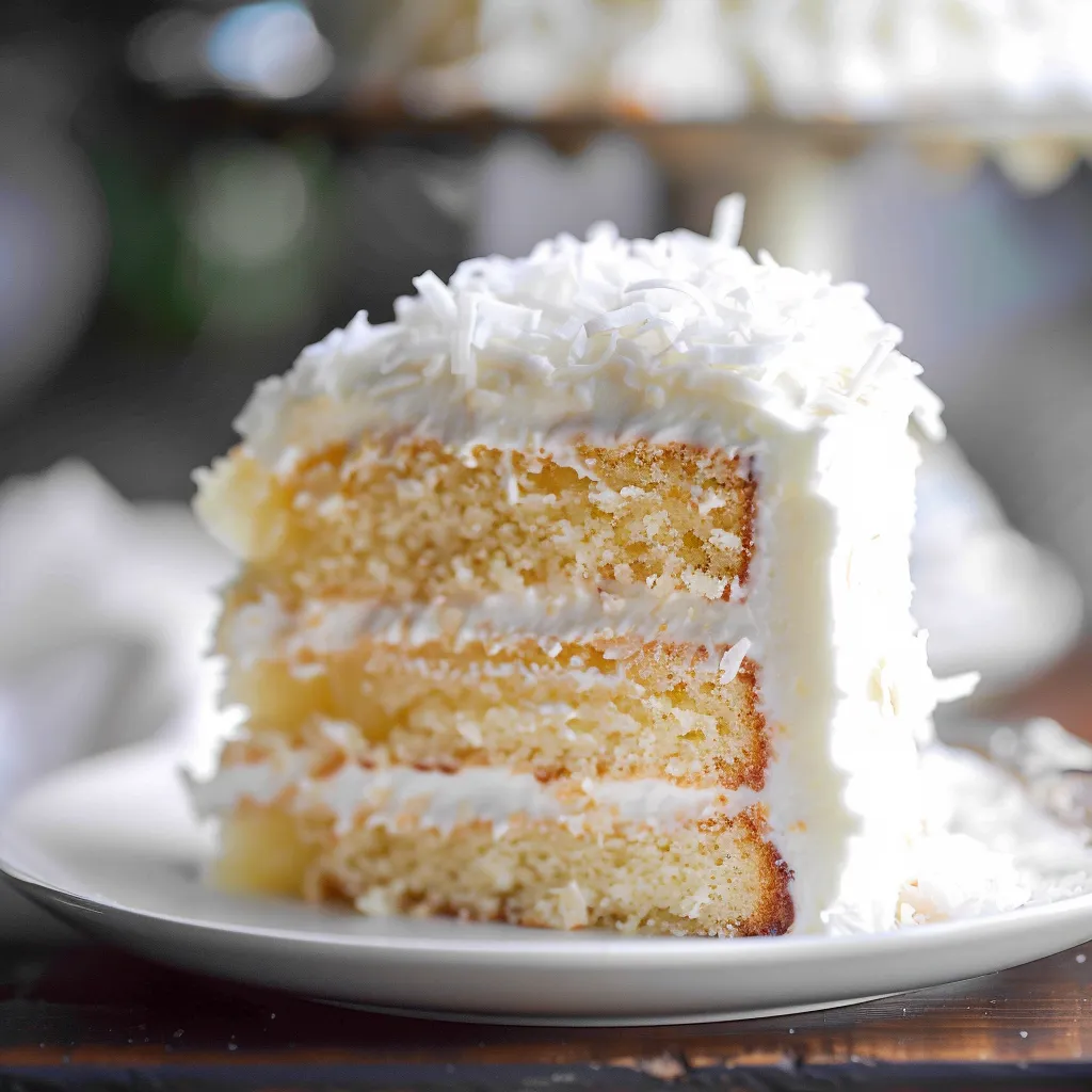 Moist coconut cake with a rich, buttery texture and tropical flavor.