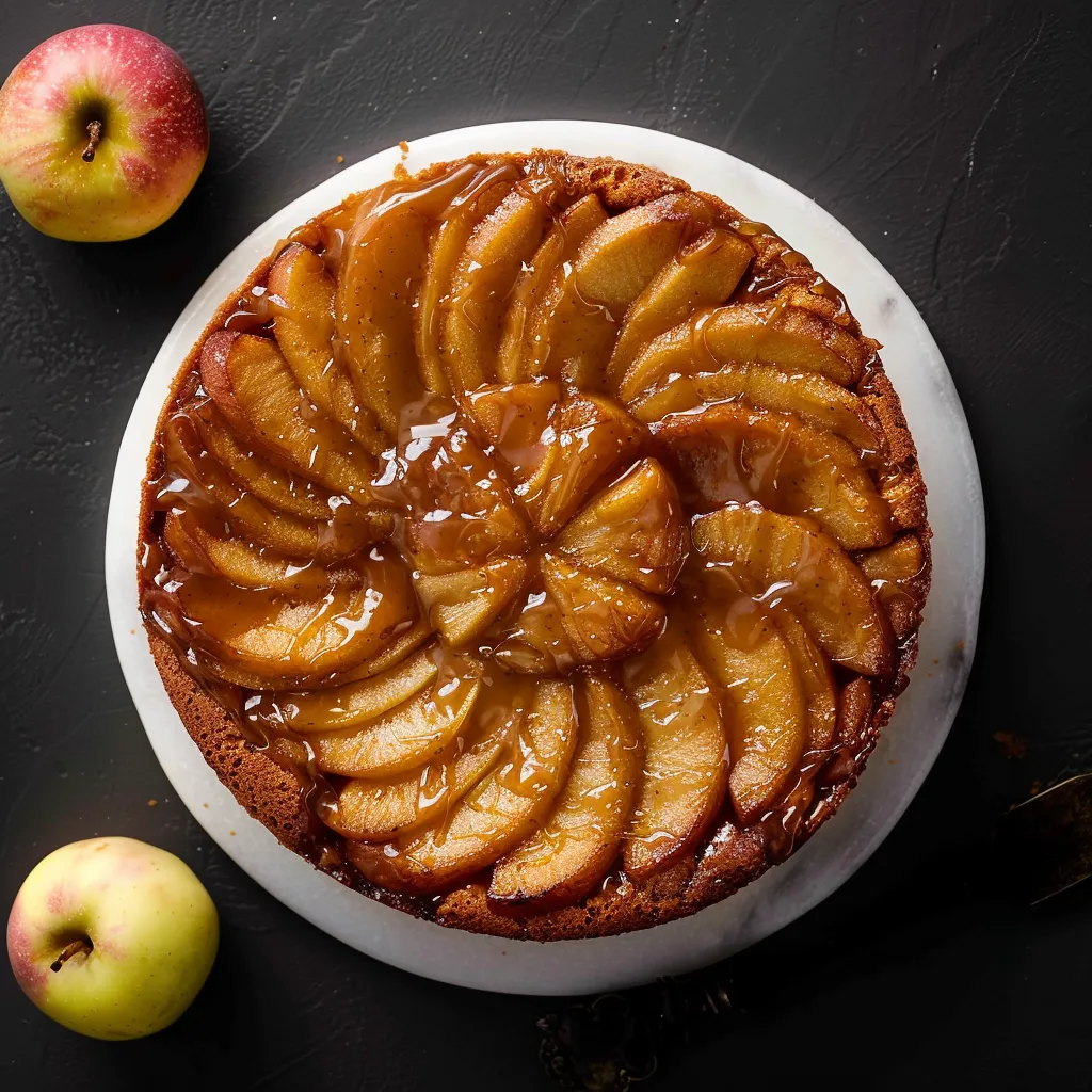 A rich caramel apple upside-down cake topped with tender baked apples and golden caramel glaze.