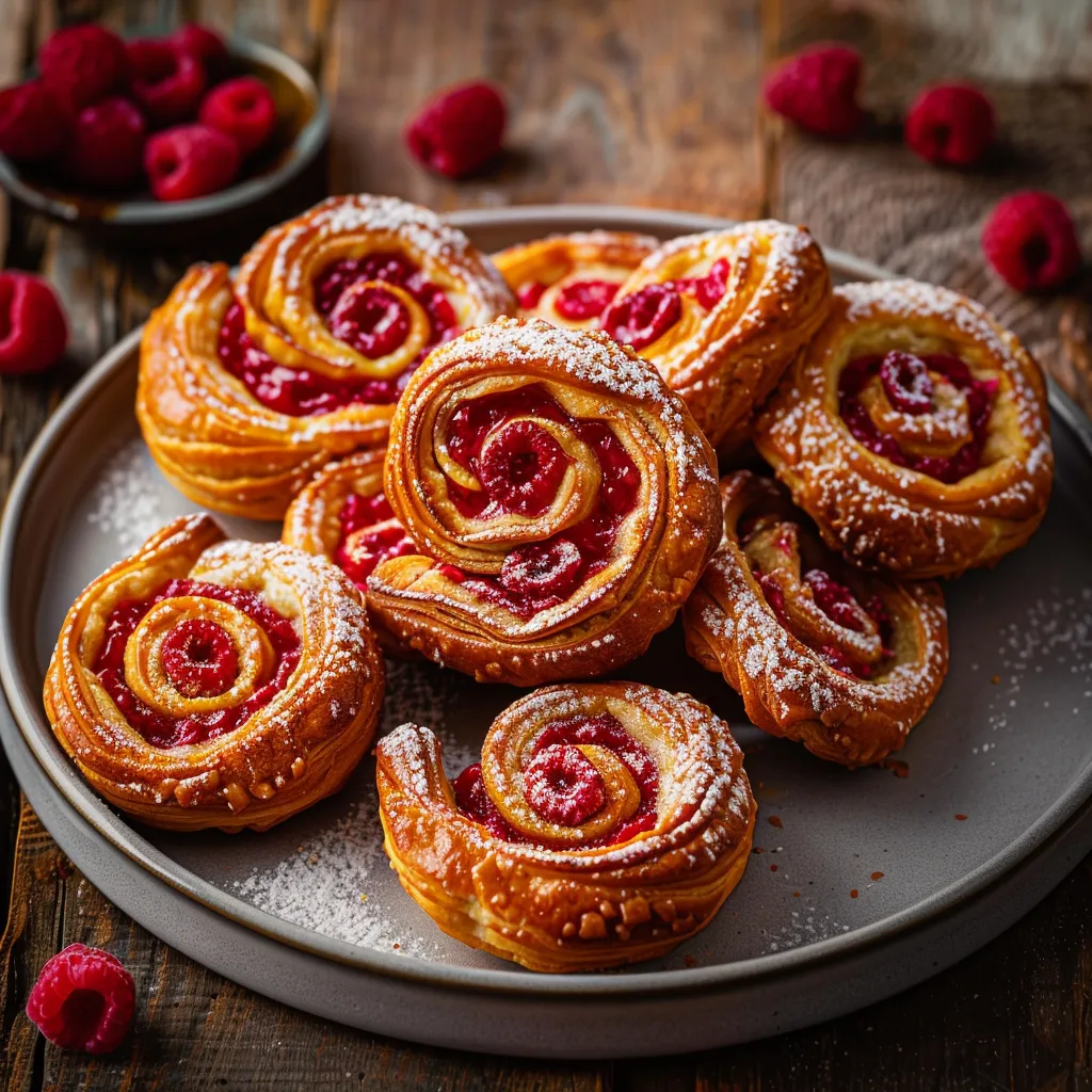 Delicate raspberry palmiers with caramelized layers and a tart, jammy center.