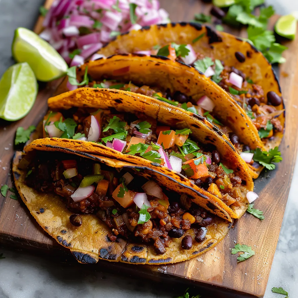 Flavorful black bean tacos with a crispy tortilla and savory, hearty filling.