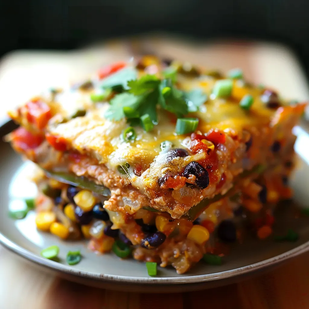 Flavorful vegetarian tortilla casserole with melty cheese and spiced beans.