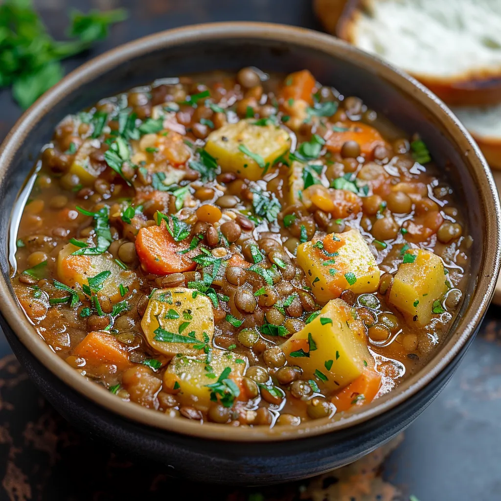 Delicious lentil potato soup with earthy veggies and rich seasonings.