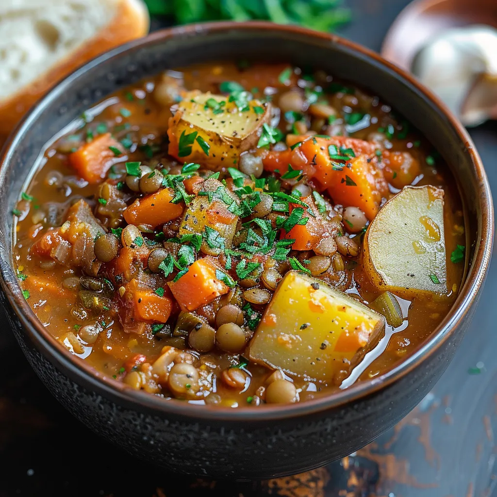 Comforting lentil potato soup packed with protein and nourishing ingredients.