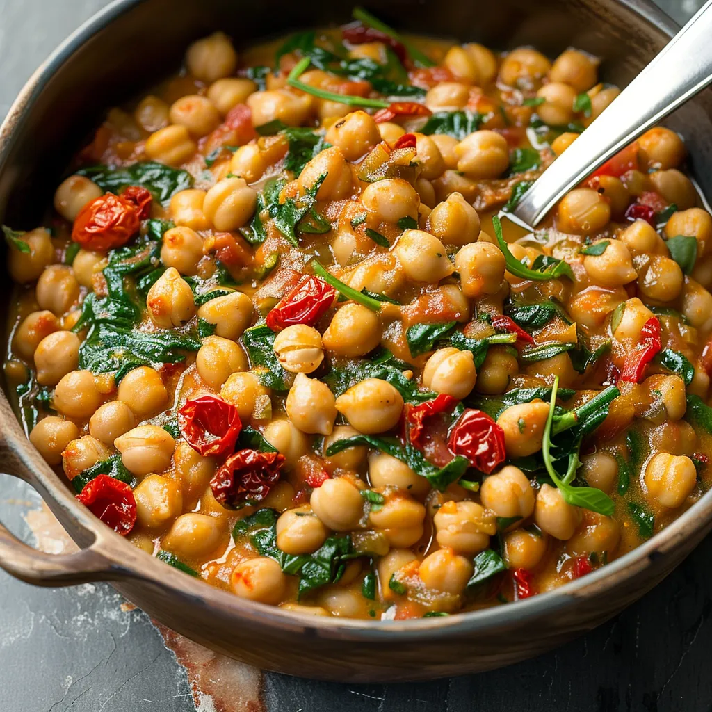 Flavorful chickpeas in a creamy, garlicky tomato sauce with fresh basil.