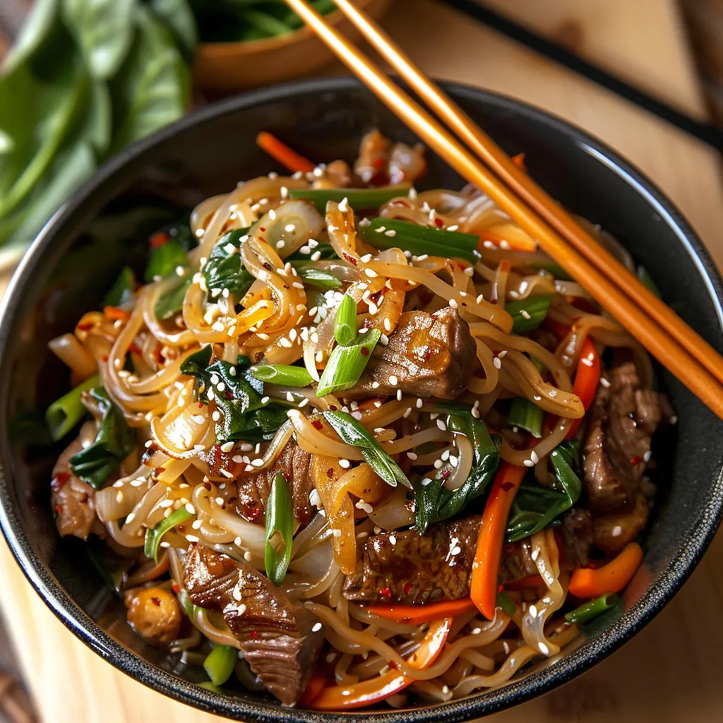 Tasty Korean japchae with chewy noodles and nutty sesame flavor