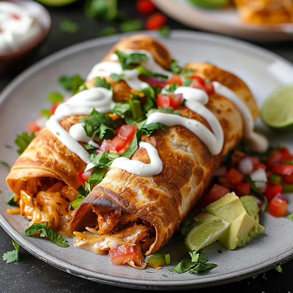 Tasty chicken chimichangas filled with spiced chicken and melted cheese