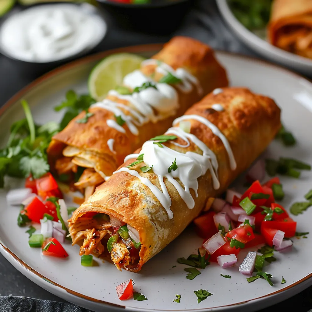 Golden-fried chimichangas packed with juicy chicken and savory spices.