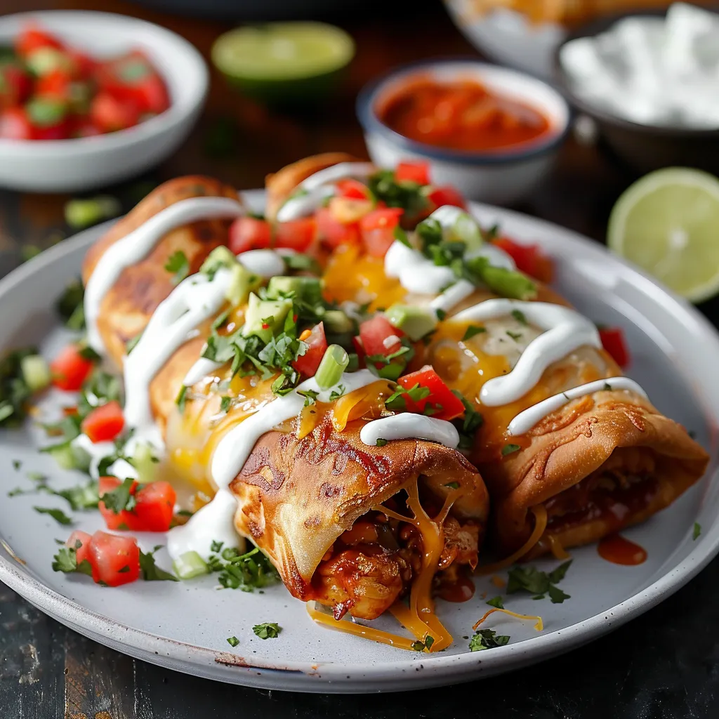 Flavorful chicken chimichangas served with salsa and sour cream.