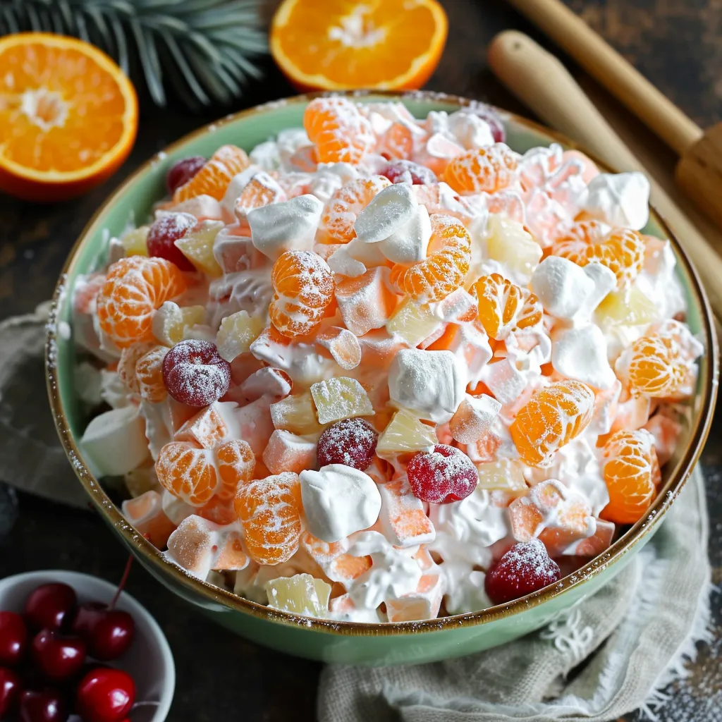 A bowl of fluffy ambrosia salad with sweet fruits and marshmallows in a creamy topping.