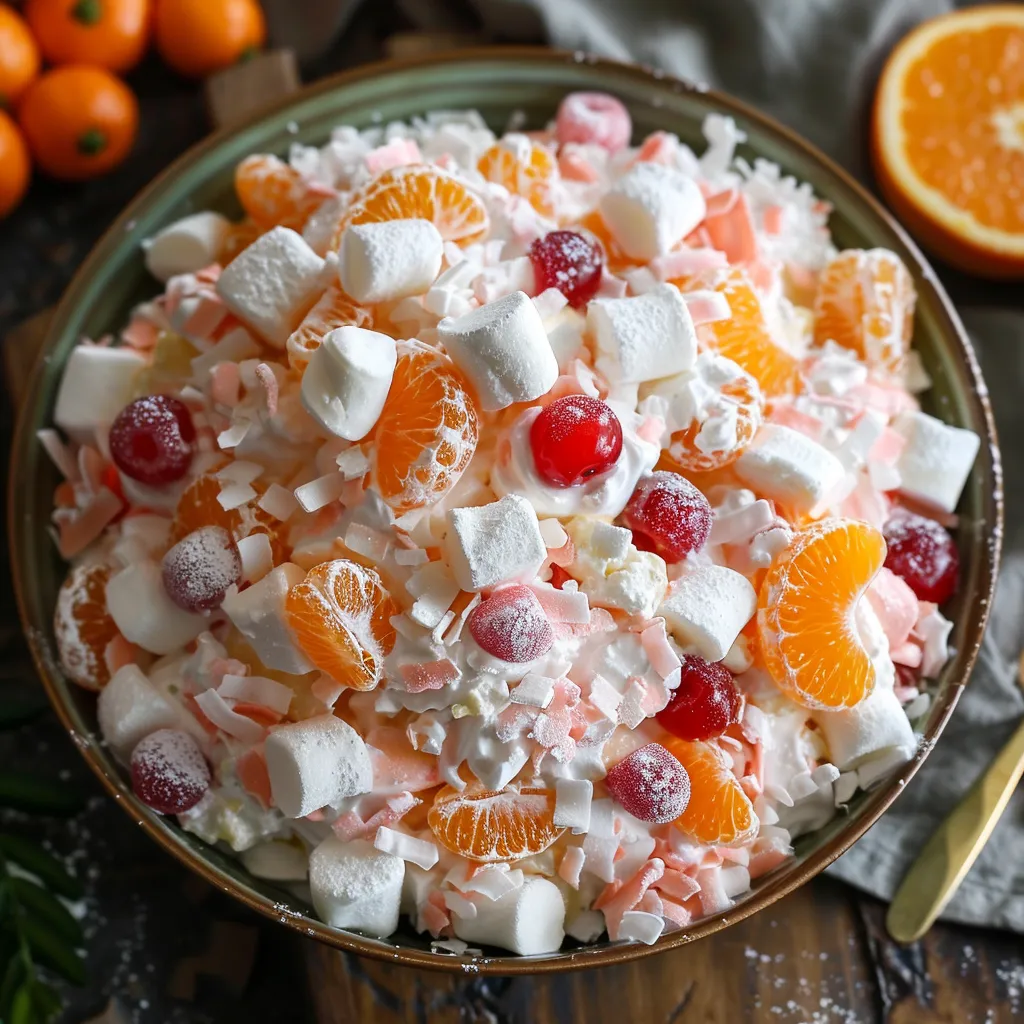 Classic ambrosia salad with pineapple, mandarin oranges, and coconut.